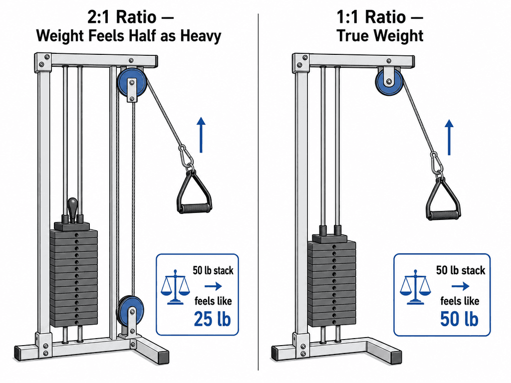 Side-by-side mechanical diagram comparing 2:1 pulley ratio (cable routed through two pulleys, 50 lb stack feels like 25 lb) and 1:1 pulley ratio (cable through single pulley, 50 lb stack feels like 50 lb).