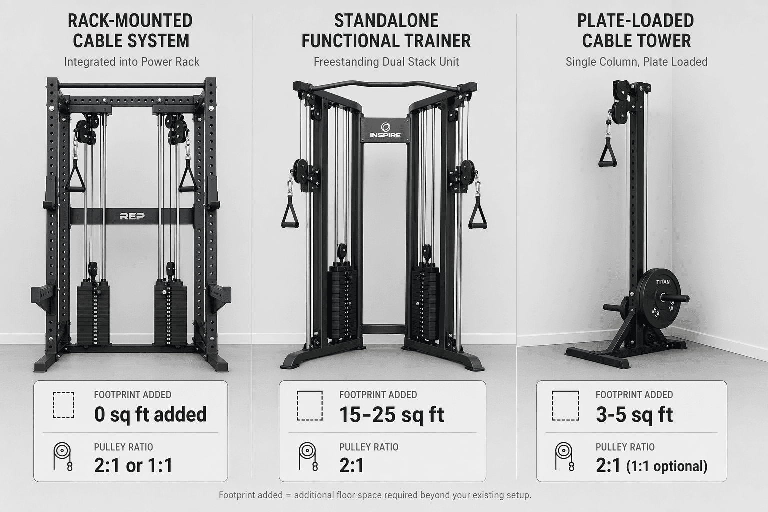 Split comparison illustration showing three home gym cable machine formats side by side: a rack-mounted system integrated into a power rack, a standalone functional trainer, and a plate-loaded cable tower in a corner, each with dimension callout labels and pulley ratio annotations.