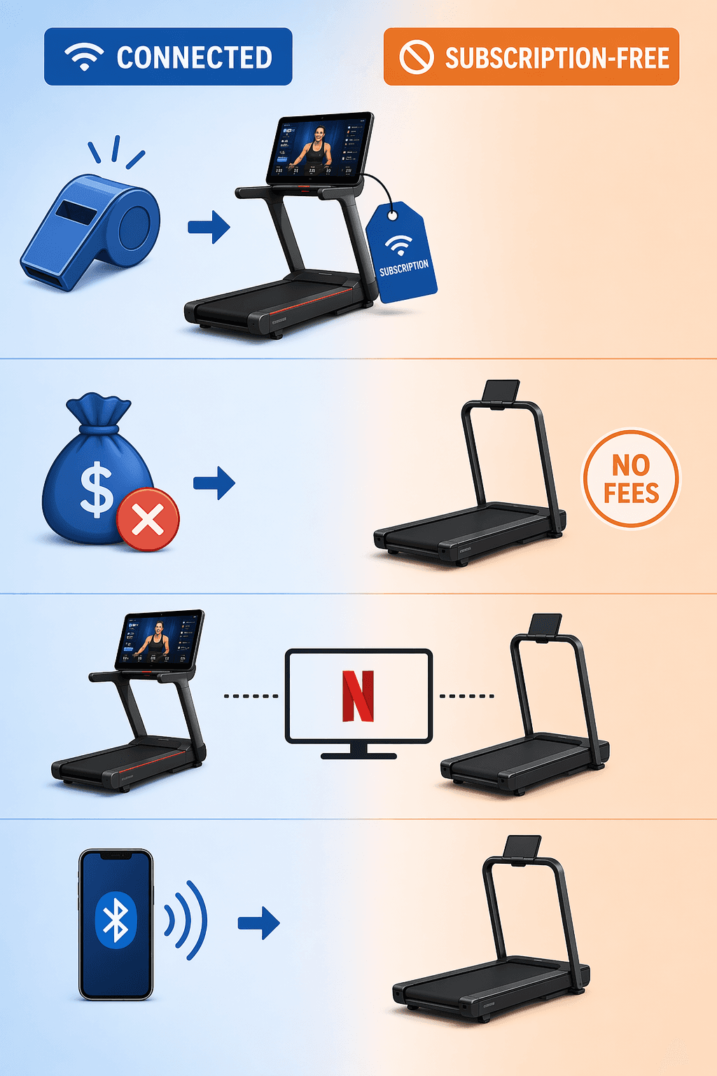Decision framework with four rows of icons: coach whistle points to connected treadmill; money bag with red X points to no-fee treadmill; movie icon points to either treadmill; smartphone with Bluetooth waves points to simple treadmill with tablet holder.