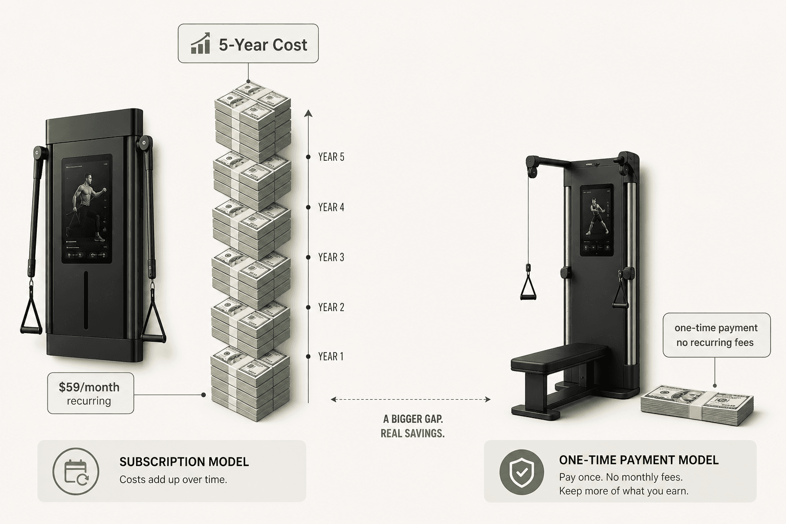 A side-by-side cost comparison of two smart home gym units: a subscription-based unit on the left with a growing stack of dollar bills representing $59 monthly fees accumulating over 5 years, and a no-subscription unit on the right with a single flat payment stack, with a visible gap between the total cost levels.