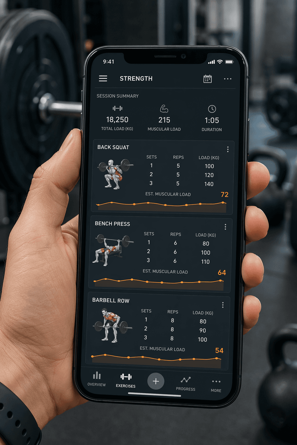 Editorial close-up of a smartphone held in a hand displaying a strength training app interface listing exercises with tracked sets, reps, and muscular load data, with a blurred gym background featuring a barbell, weight plates, and kettlebells.
