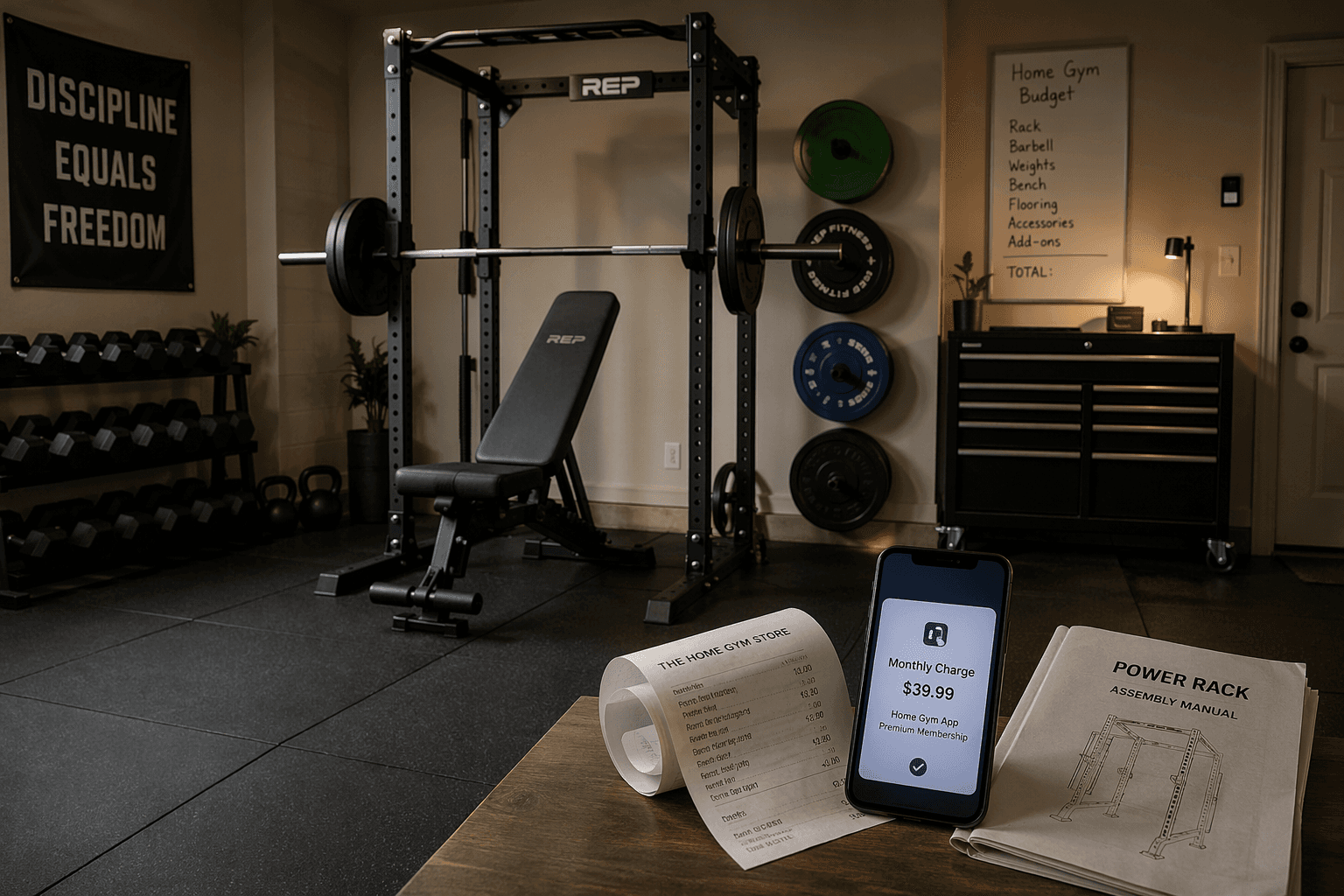 A garage home gym setup with a power rack, barbell, adjustable dumbbells, and bench on rubber flooring, with a receipt, a smartphone showing a monthly subscription charge, and an assembly manual subtly placed in the foreground to suggest overlooked costs beyond the equipment itself.