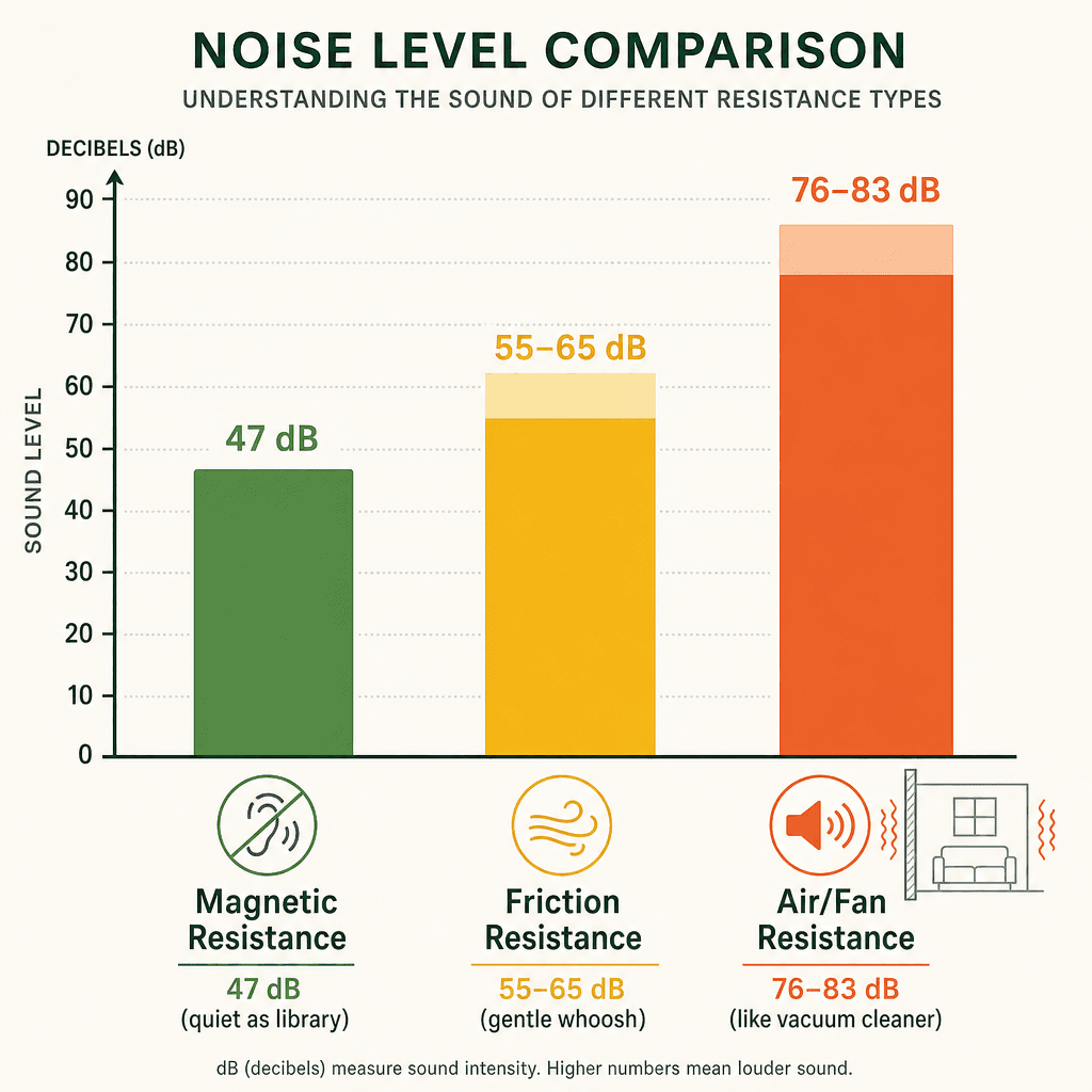 Horizontal bar chart comparing noise levels of magnetic resistance (47 dB), friction resistance (55-65 dB), and air/fan resistance (76-83 dB) with a decibel scale from 0 to 90 dB.