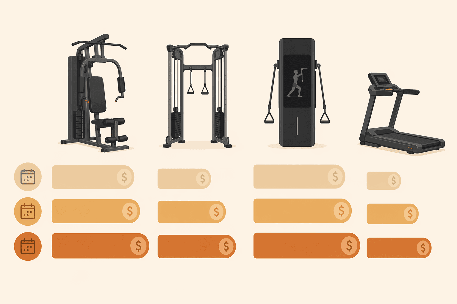 A warm-toned flat illustration showing cost bars for four machine types across 1-year, 3-year, and 5-year periods, with all-in-one and smart gym bars tallest.