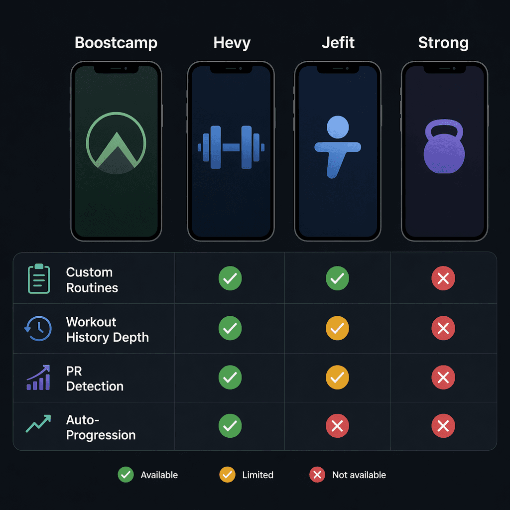 Four smartphone silhouette icons in a row labeled Boostcamp, Hevy, Jefit, and Strong with color-coded checkmarks and X indicators for custom routines, workout history, PR detection, and auto-progression.