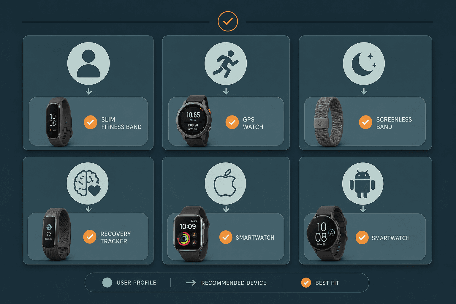 Clean minimalist decision matrix grid showing six user profile icons (beginner, runner, sleep-focused, stress-focused, Apple user, Android user) each paired with a device recommendation badge (fitness band, GPS watch, screenless band, recovery tracker, smartwatch, smartwatch) on a muted teal and slate gray background with subtle orange accents.