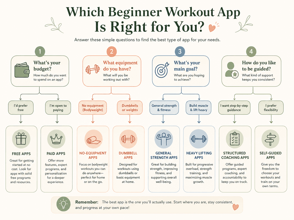A clean editorial infographic showing a four-question decision flowchart: budget, equipment, goal, and confidence level branching into free vs paid, no-equipment vs dumbbell, general strength vs heavy lifting, and structured coaching vs self-guided paths, in soft sage green, peach, and slate blue on cream.