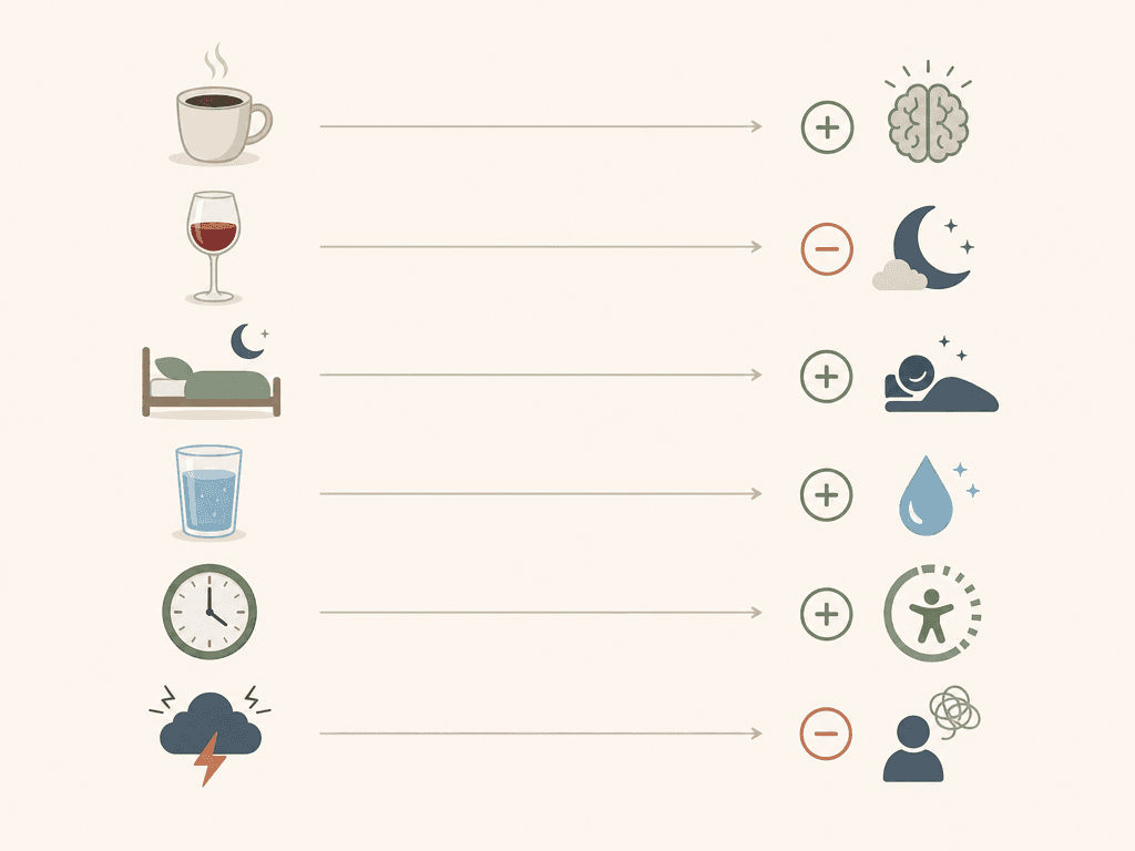 A split illustration showing lifestyle icons connected to positive and negative recovery indicators, representing journal habit tracking.