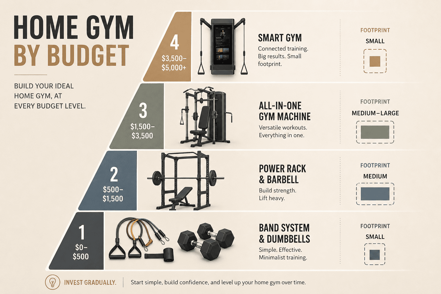 A 4-tier pyramid infographic showing home gym equipment by budget bracket: bottom tier bands and dumbbells ($0-$500, small footprint icon), second tier power rack and barbell ($500-$1,500, medium footprint), third tier all-in-one machine ($1,500-$3,500, medium-large footprint), top tier wall-mounted smart gym ($3,500-$5,000+, small footprint).
