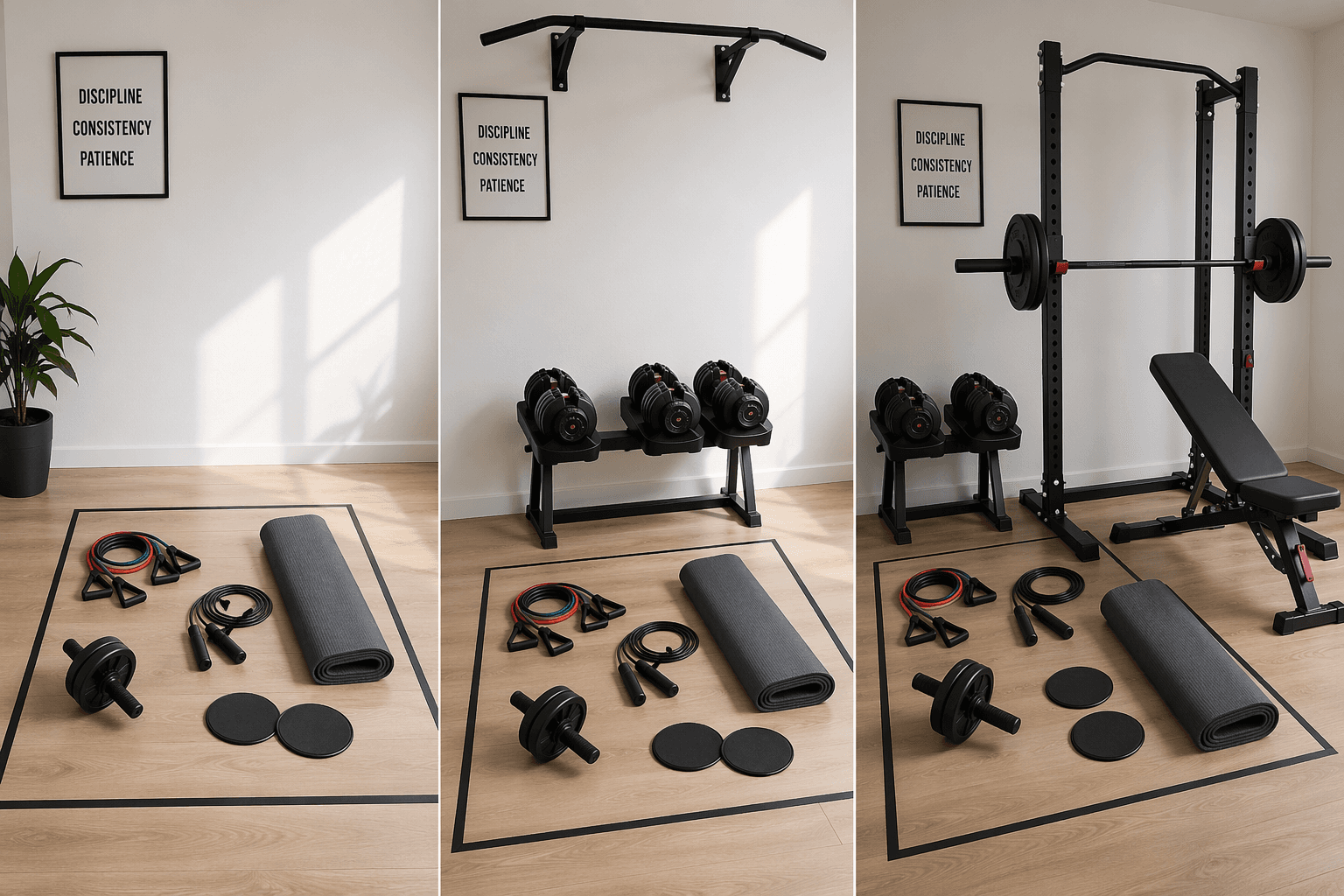 Split editorial composition showing three progressive home gym equipment setups arranged left to right on a light wood floor against a white wall. The left section shows resistance bands, jump rope, ab roller, sliders, and a folded yoga mat. The center section adds adjustable dumbbells and a wall-mounted pull-up bar. The right section includes all previous equipment plus an adjustable bench and compact squat stand.