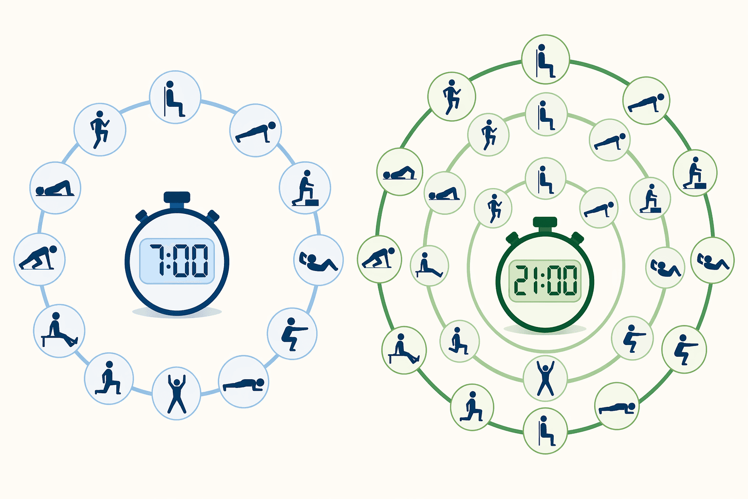 A split illustration: left panel shows a single ring of 12 exercise icons with a timer reading 7:00; right panel shows three stacked rings of the same icons with a timer reading 21:00, representing the intended 2–3 circuits.