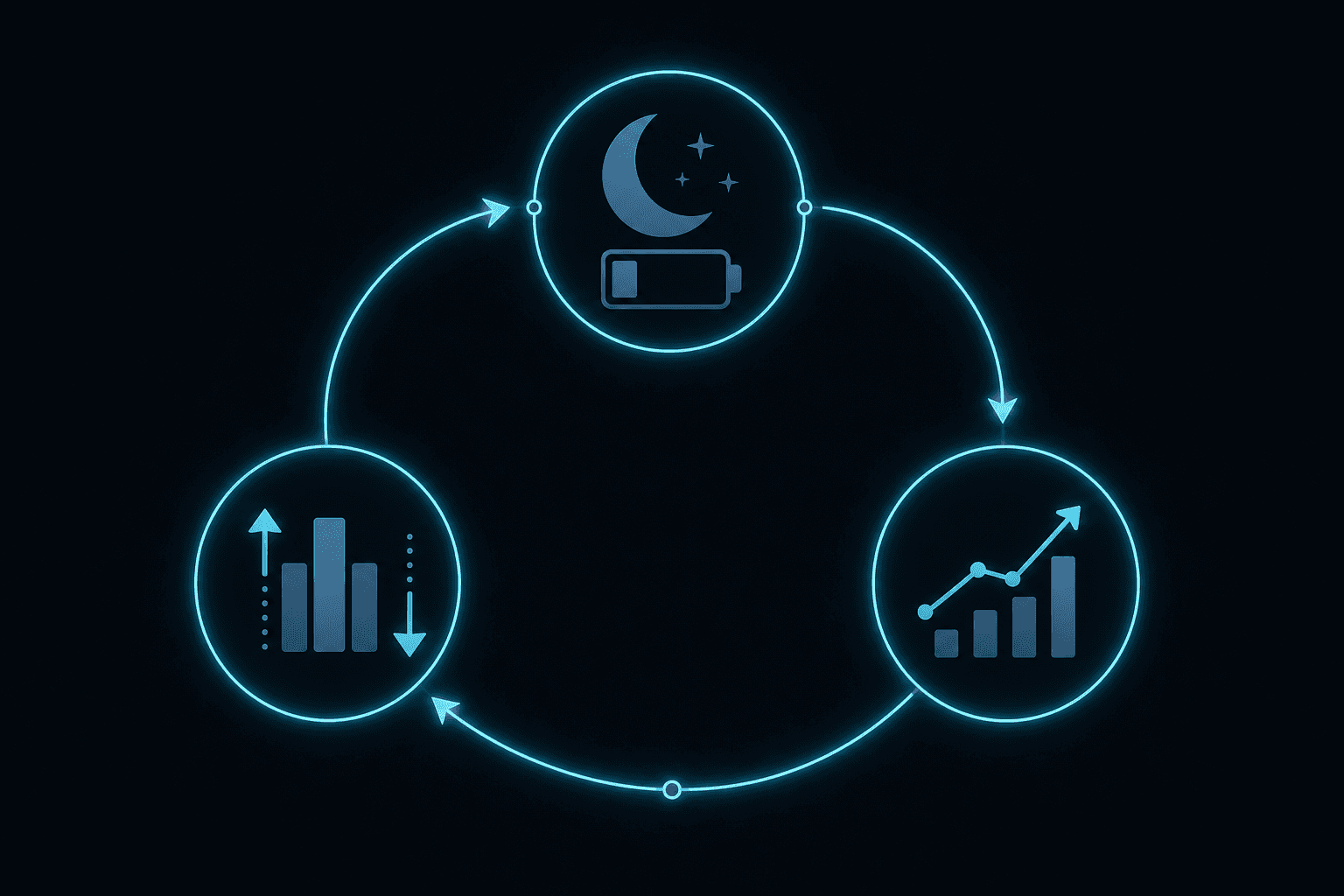 Editorial illustration showing a circular adaptive training cycle with three connected stages: sleep and fatigue input, load adjustment, and performance feedback.