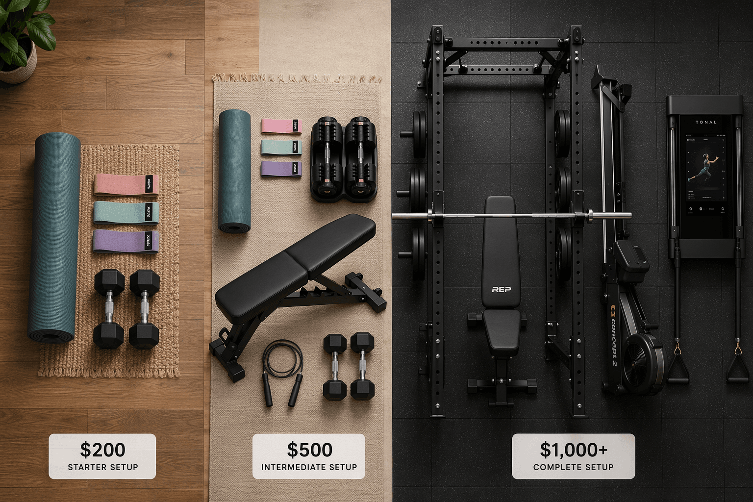 Overhead flat-lay composition of three tiers of home exercise equipment: mat, bands, dumbbells on wood floor ($200); adjustable dumbbells, folding bench, jump rope ($500 intermediate); power rack, barbell, rowing machine, smart gym on rubber flooring ($1,000+ complete).