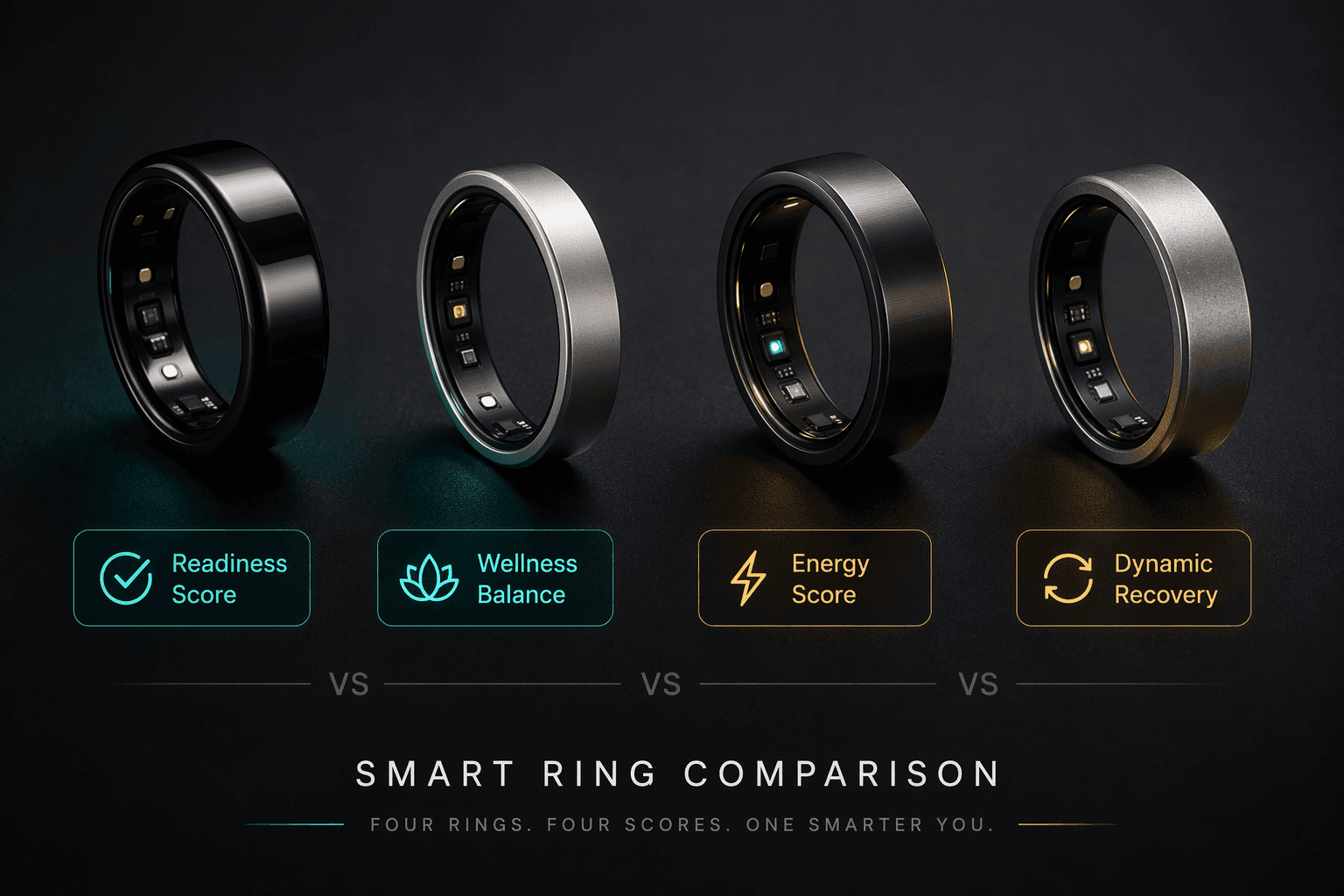 Four different smart rings arranged horizontally on a dark surface: a black ceramic ring, a thin matte silver ring, a titanium black ring, and a raw titanium ring. Beside each ring floats a small glowing label showing a score name: Readiness Score, Wellness Balance, Energy Score, and Dynamic Recovery.