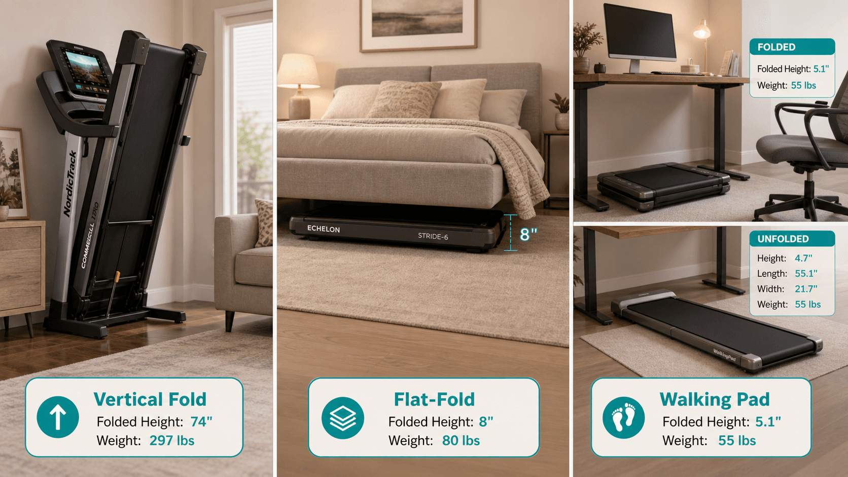 Three panels showing a vertical-fold treadmill standing upright in a living room, a flat-fold treadmill stored under a sofa, and a walking pad in an under-desk setup, each labeled with storage type and dimensions.