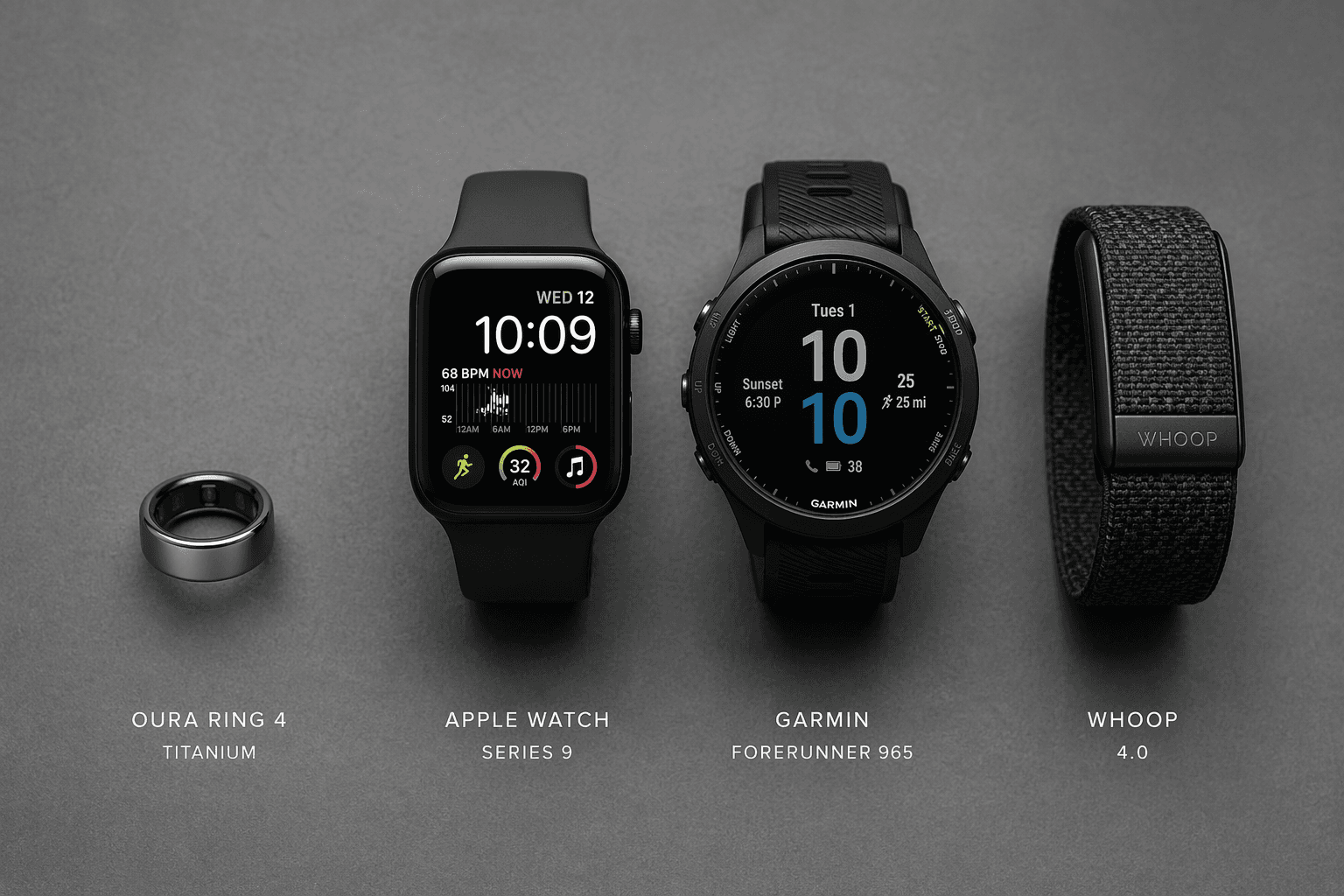 Flat-lay product photography showing four wearable devices in a row: Oura Ring, Apple Watch, Garmin Forerunner, Whoop band, with Oura slightly separated.