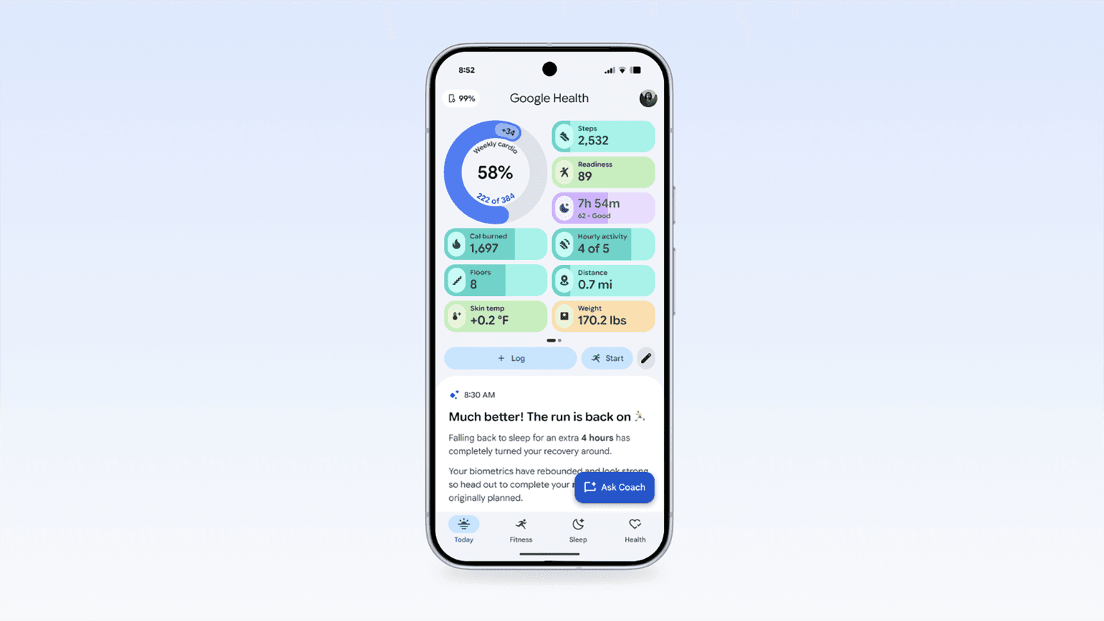 Screenshot of the Google Health app interface on a smartphone, showing the redesigned dashboard with health metric tiles for daily activity, heart rate, and sleep tracking cards in the new layout that replaced the Fitbit app in May 2026.