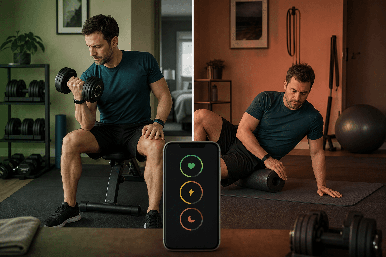 Split-screen editorial scene of a home fitness practitioner in a compact home gym with adjustable dumbbells and a yoga mat. On the left, the person is mid-workout doing a dumbbell curl with a soft green glow overlay suggesting recovery readiness. On the right, the same person is foam-rolling on a mat with a warm amber-red overlay suggesting recovery needed. A smartphone in the foreground shows a fitness app interface with three metric circles. The person wears a slim wrist band. Muted dark teal, slate, and warm amber color palette.