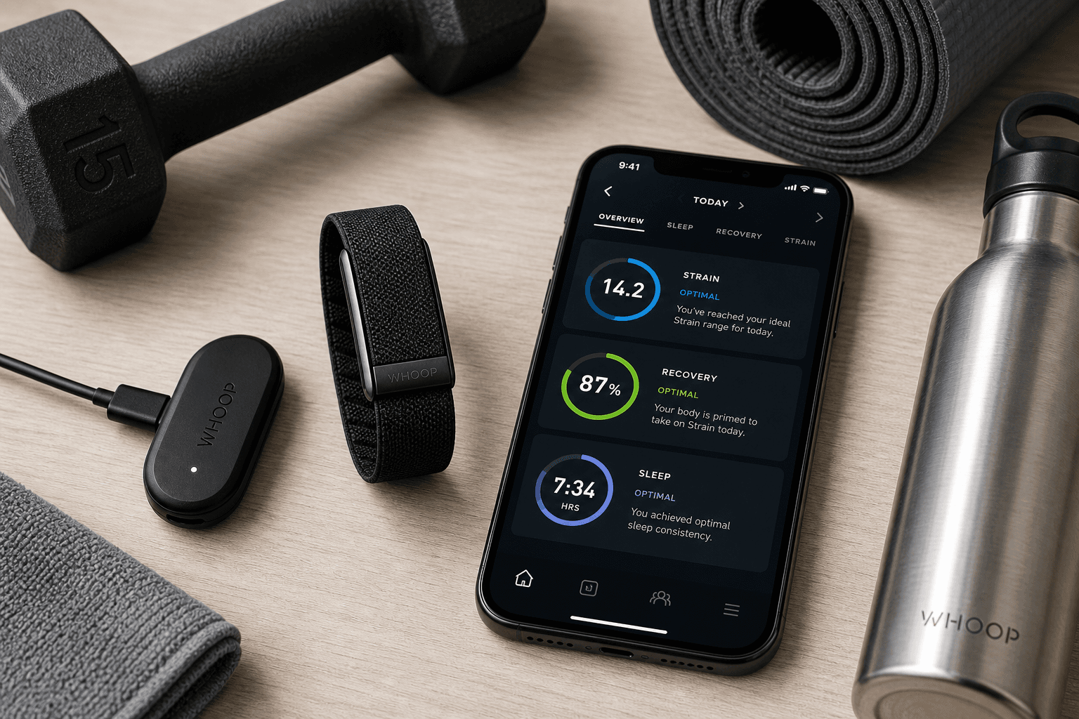 Flat-lay product photograph on a light wood surface showing a Whoop 5.0 fitness tracker band beside its wireless charging pack, with a smartphone displaying a fitness app dashboard showing Strain, Recovery, and Sleep metrics, surrounded by a dumbbell, rolled yoga mat, and water bottle suggesting home fitness use.