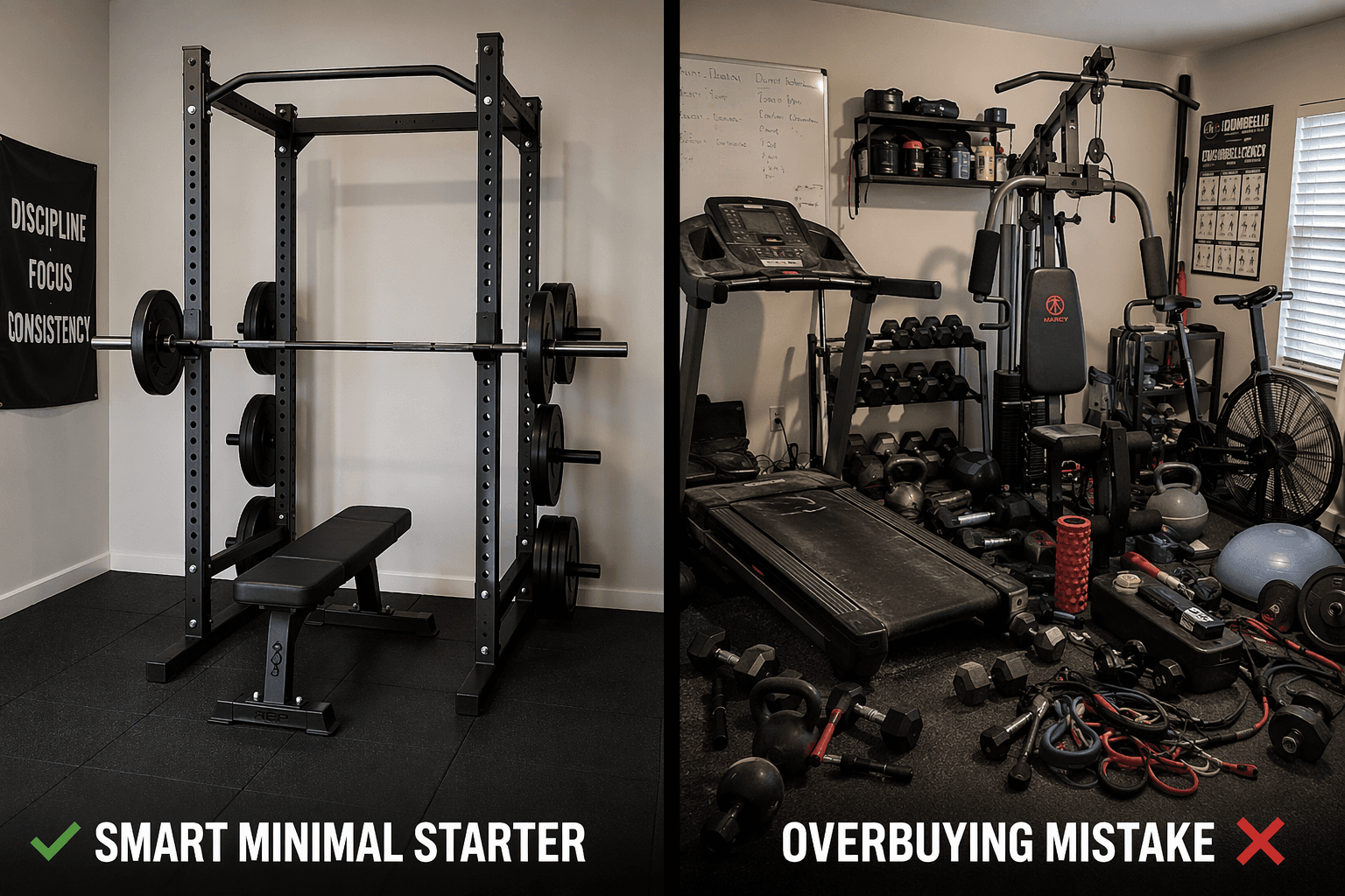 Split-composition editorial photograph contrasting a minimal starter home gym with a cluttered overbought setup.