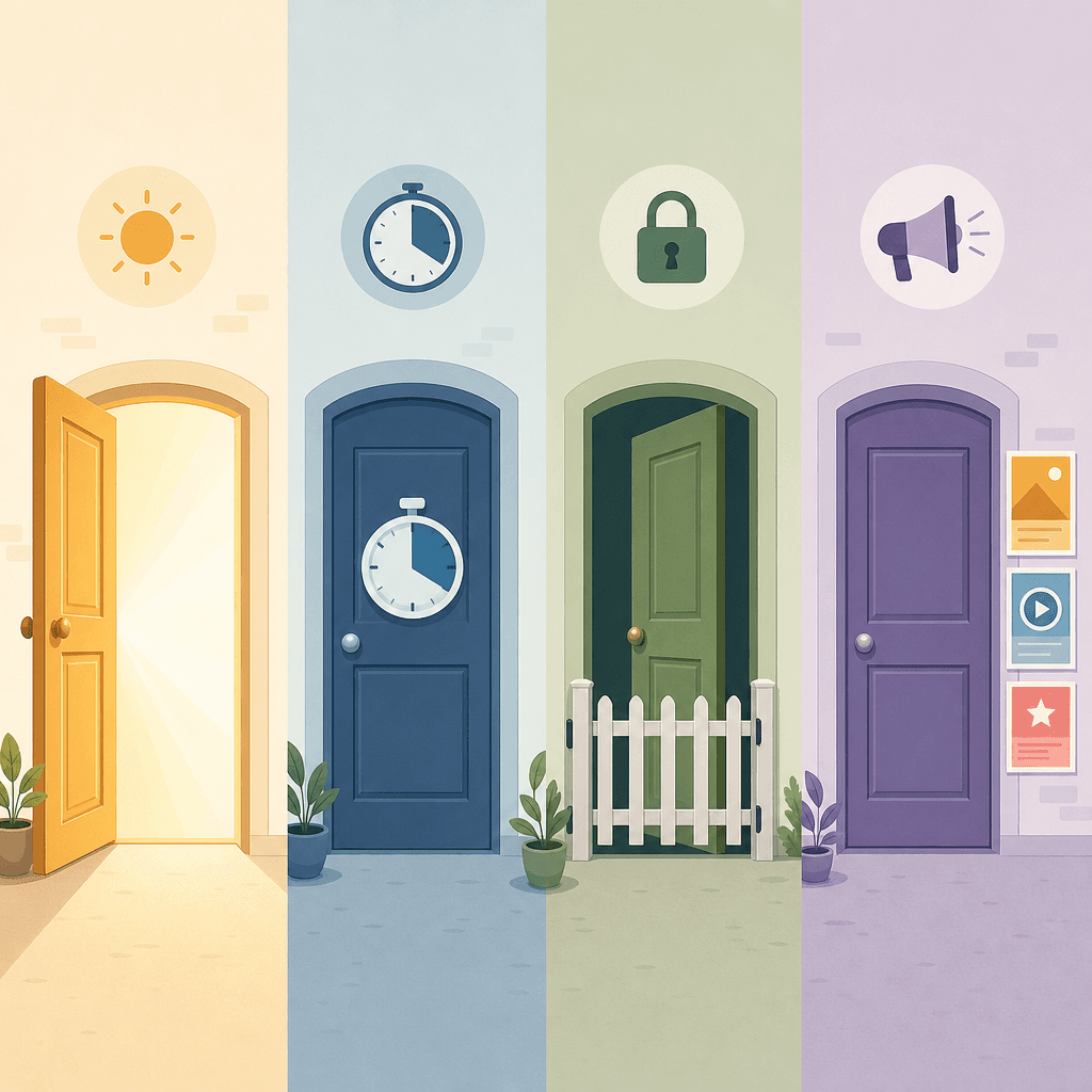 Four illustrated panels showing doors in different states — fully open, with a countdown timer, half-open with a barrier, and open with advertisement banners — representing the four models of app access.