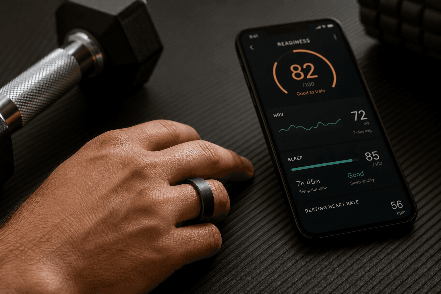 A finger wearing a dark titanium smart ring rests on a black gym mat beside a metallic dumbbell. In the soft-focus background, a smartphone screen displays a readiness score dashboard with amber and teal glowing interface elements showing HRV, sleep score, and a 0-100 readiness metric.