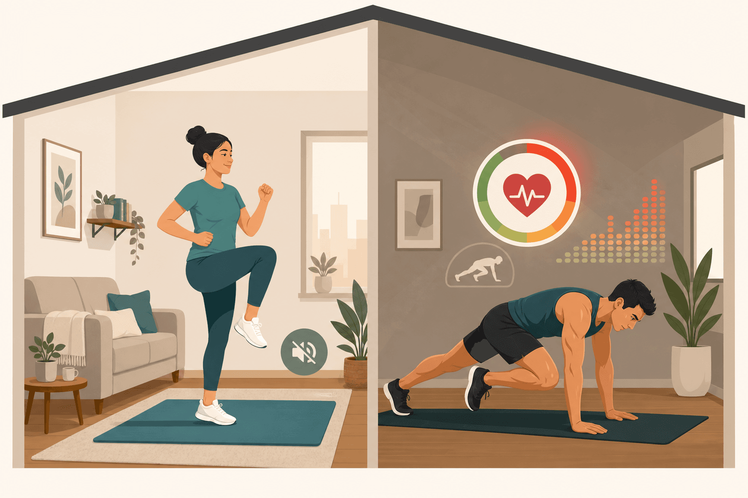 Split-view illustration of home cardio: quiet marching in a small apartment versus intense mountain climbers with a heart rate overlay.