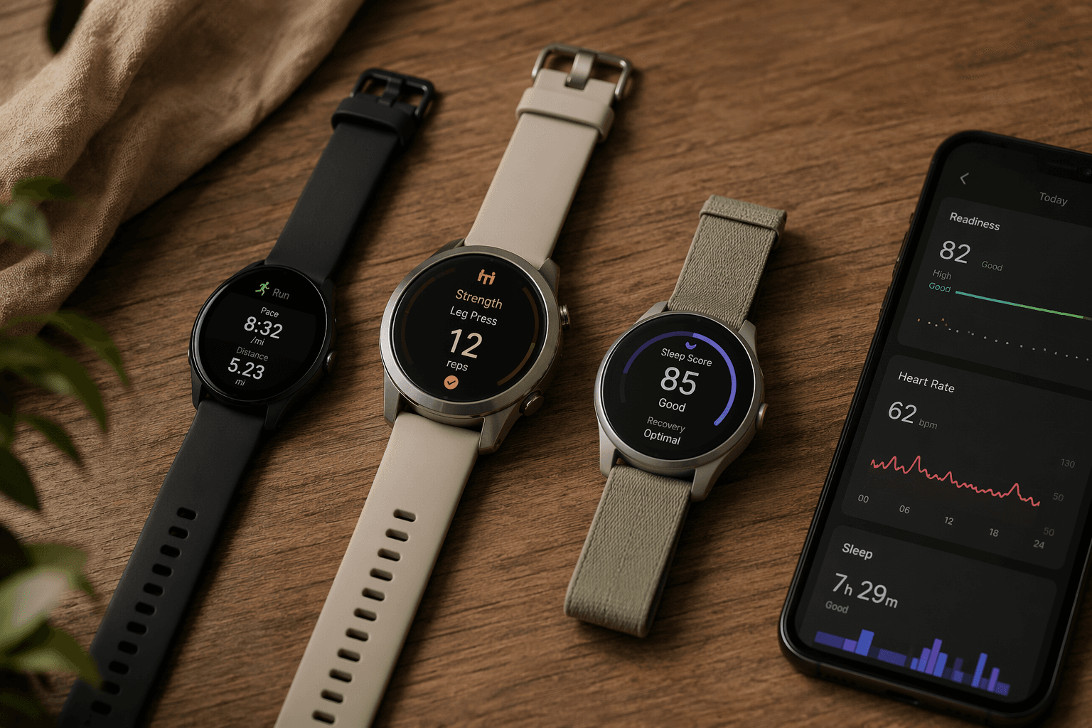 Editorial flat lay on a warm wooden surface showing three Garmin fitness smartwatches arranged diagonally, each displaying a different workout screen, with a smartphone showing the Garmin Connect dashboard.