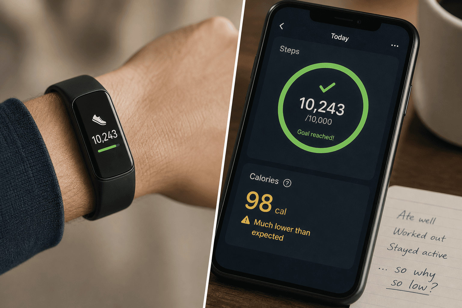 Split composition showing a wrist with a fitness tracker on the left and a smartphone screen displaying a completed step-count ring alongside a calorie-burn figure with a question mark icon on the right.
