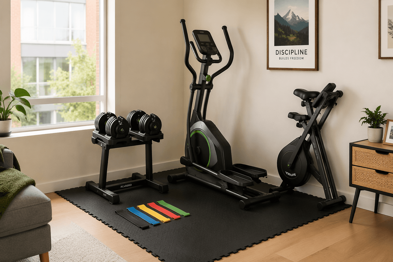 A bright apartment corner with a foam floor mat holding compact gym equipment: a pair of adjustable dumbbells on a small stand, colorful resistance bands, a compact elliptical machine, and a folded exercise bike leaning against the wall.