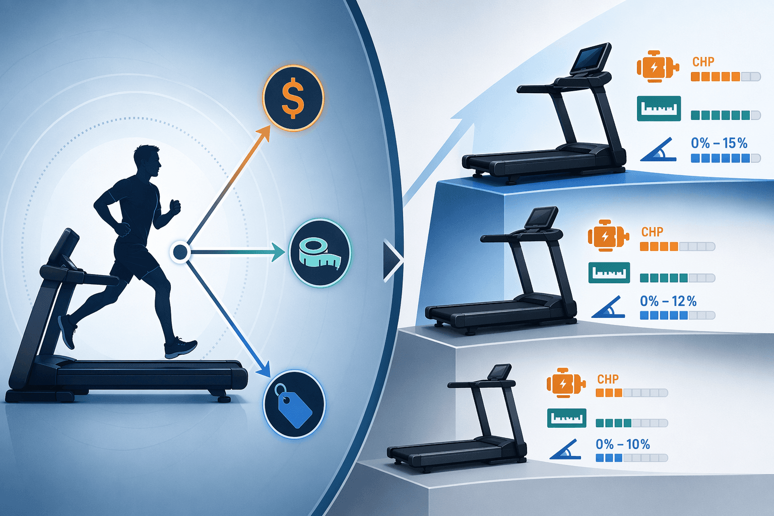 Split-view editorial illustration showing a runner silhouette on a treadmill with three constraint axes radiating outward on the left, and three tiered treadmill silhouettes with key spec callouts on the right.