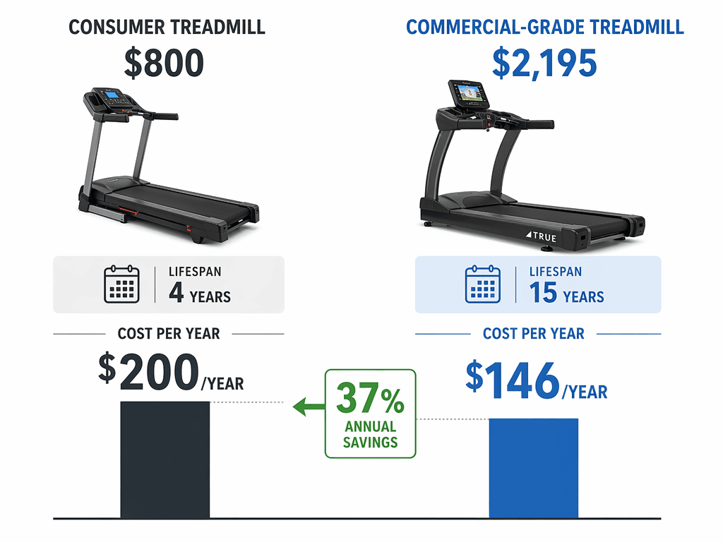 Clean editorial cost comparison showing a consumer treadmill at $800 with a 4-year lifespan and $200/year cost on the left, and a commercial treadmill at $2,195 with a 15-year lifespan and $146/year cost on the right, with a '37% annual savings' callout arrow.
