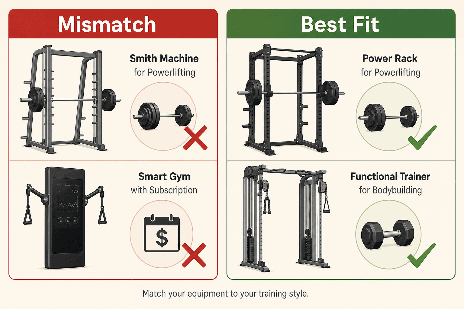 A two-column comparison infographic: left column 'Mismatch' in red showing a Smith machine crossed out with a powerlifting barbell and a smart gym crossed out with a subscription icon; right column 'Best Fit' in green showing a power rack checkmarked with a barbell and a functional trainer checkmarked with a dumbbell icon.