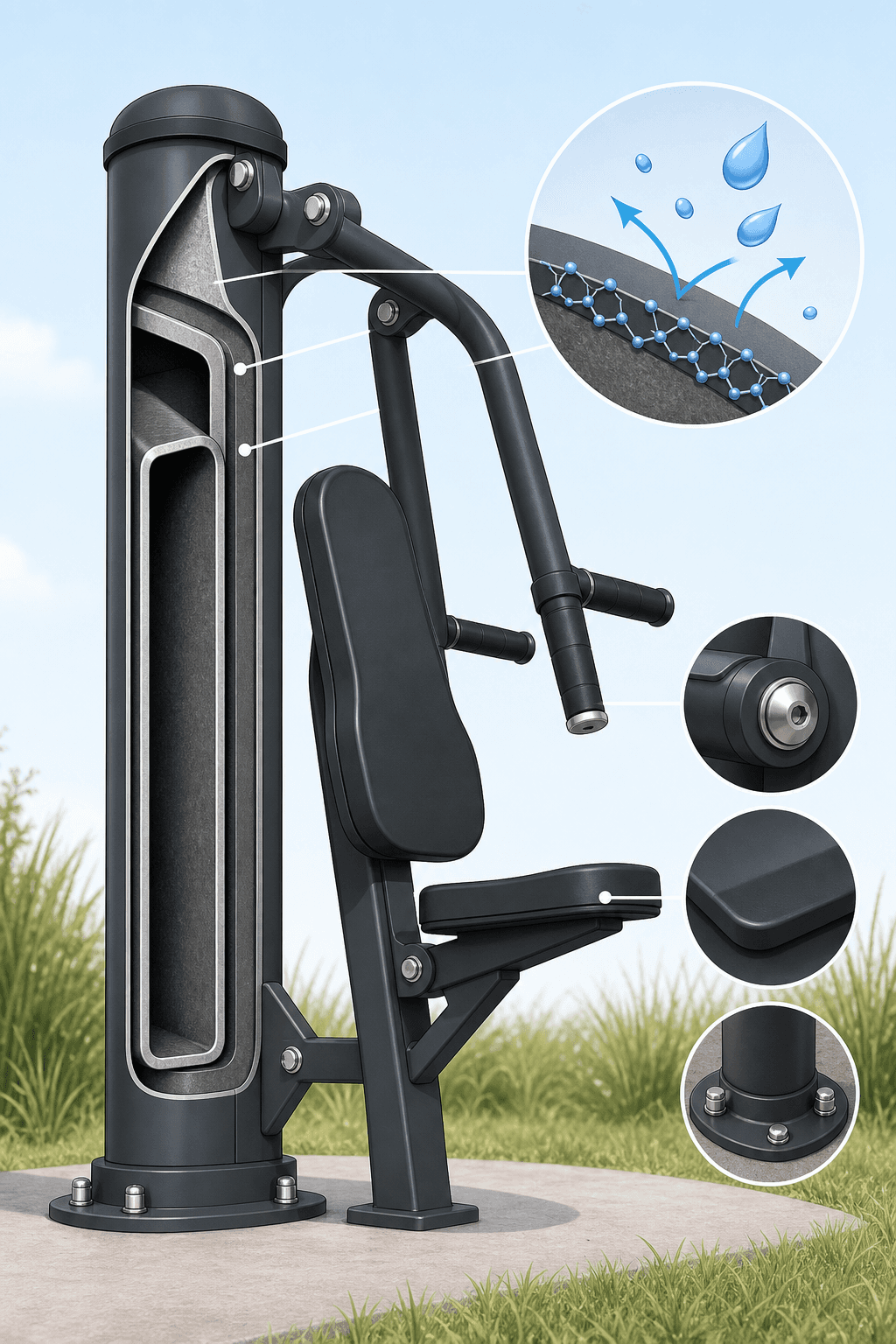 Cross-section cutaway diagram of weatherproof outdoor fitness equipment showing layered steel core, powder coating barrier, marine-grade stainless steel fasteners, and UV-stable HDPE plastic components.