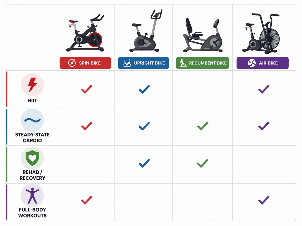 Decision matrix grid matching four exercise bike icons (spin, upright, recumbent, air) against four fitness goal icons (HIIT, steady-state cardio, rehab, full-body) with visual markers showing optimal bike-to-goal matches, rendered as a clean flat illustration.