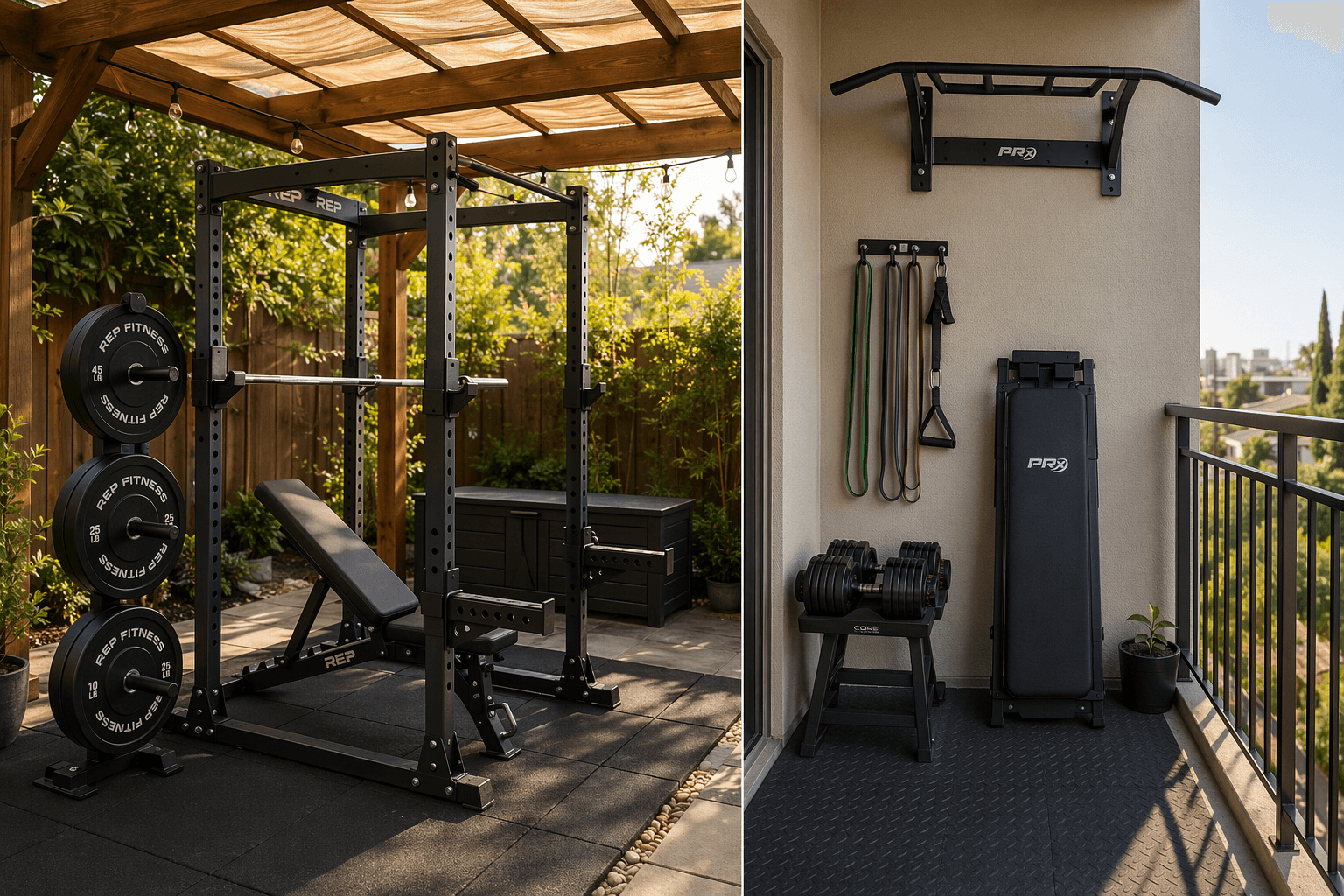 Split composition showing a backyard outdoor gym setup under a pergola on the left and a compact balcony gym on the right, both with weather-conscious equipment.