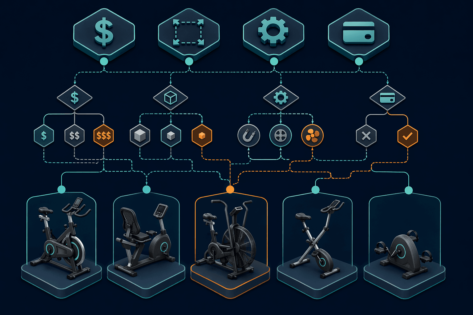 Isometric illustration showing four decision constraint icons at the top with branching paths connecting to five distinct bike silhouettes.