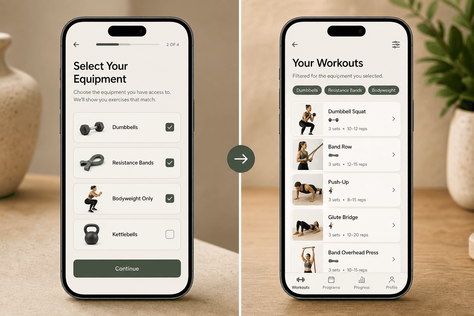 Split-screen editorial composition showing two smartphone screens: the left displays a workout app's equipment selection checklist with options like dumbbells, bands, and bodyweight checked; the right shows filtered exercise results matching that equipment.