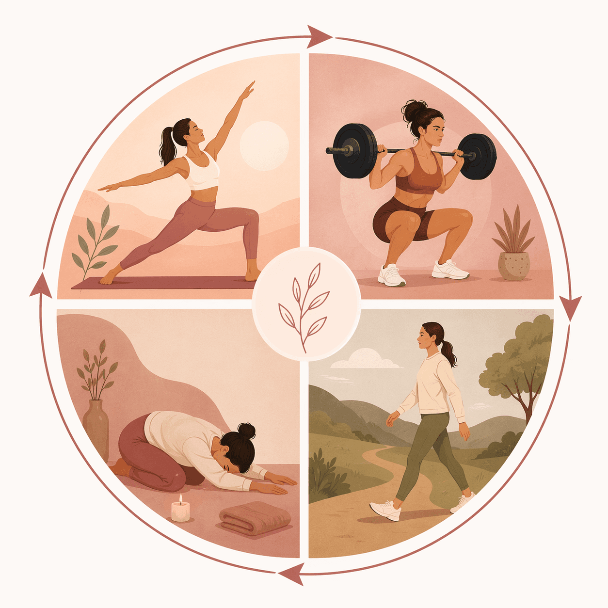 A circular diagram divided into four quadrants each showing a different workout type icon: a flowing movement for the follicular phase, a strength training icon for ovulation, a moderate walk for the luteal phase, and a gentle stretch for the menstrual phase, with subtle arrows flowing clockwise. Warm earth tones and soft rose colors.