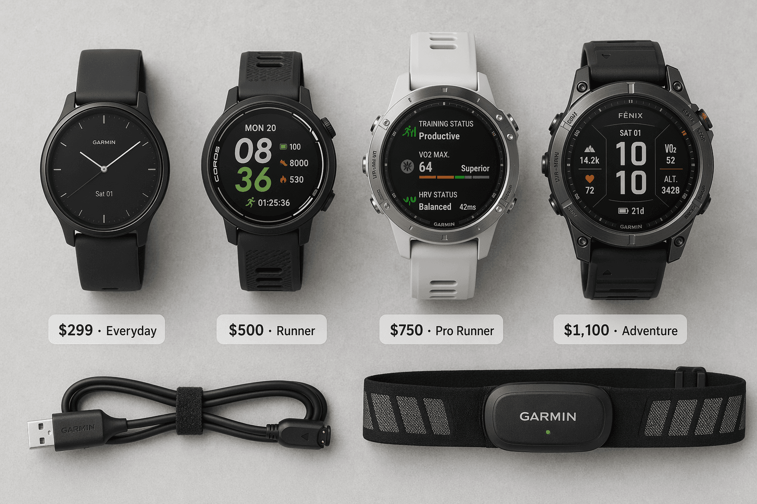Flat-lay composition of four Garmin watches arranged by price tier with handwritten price labels and accessory hints at the bottom.
