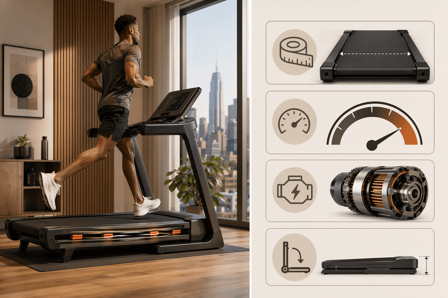 Split composition: left side shows a runner in mid-stride on a treadmill in a warm home gym setting with wood floors and soft lighting; right side shows technical spec icons including a measuring tape at 60 inches, a speed gauge at 12 mph, a motor icon at 3.0 CHP, and a flat-fold storage icon at 10 inches depth, with an apartment window and city skyline visible in the background.