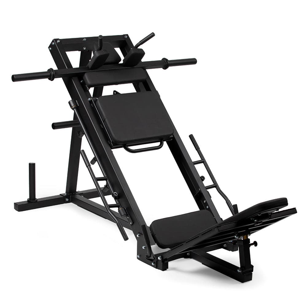 Titan Fitness plate-loaded leg press and hack squat combo machine in black frame with black upholstery, shown from a front three-quarter view with angled sled platform, foot platform, and weight storage pegs.