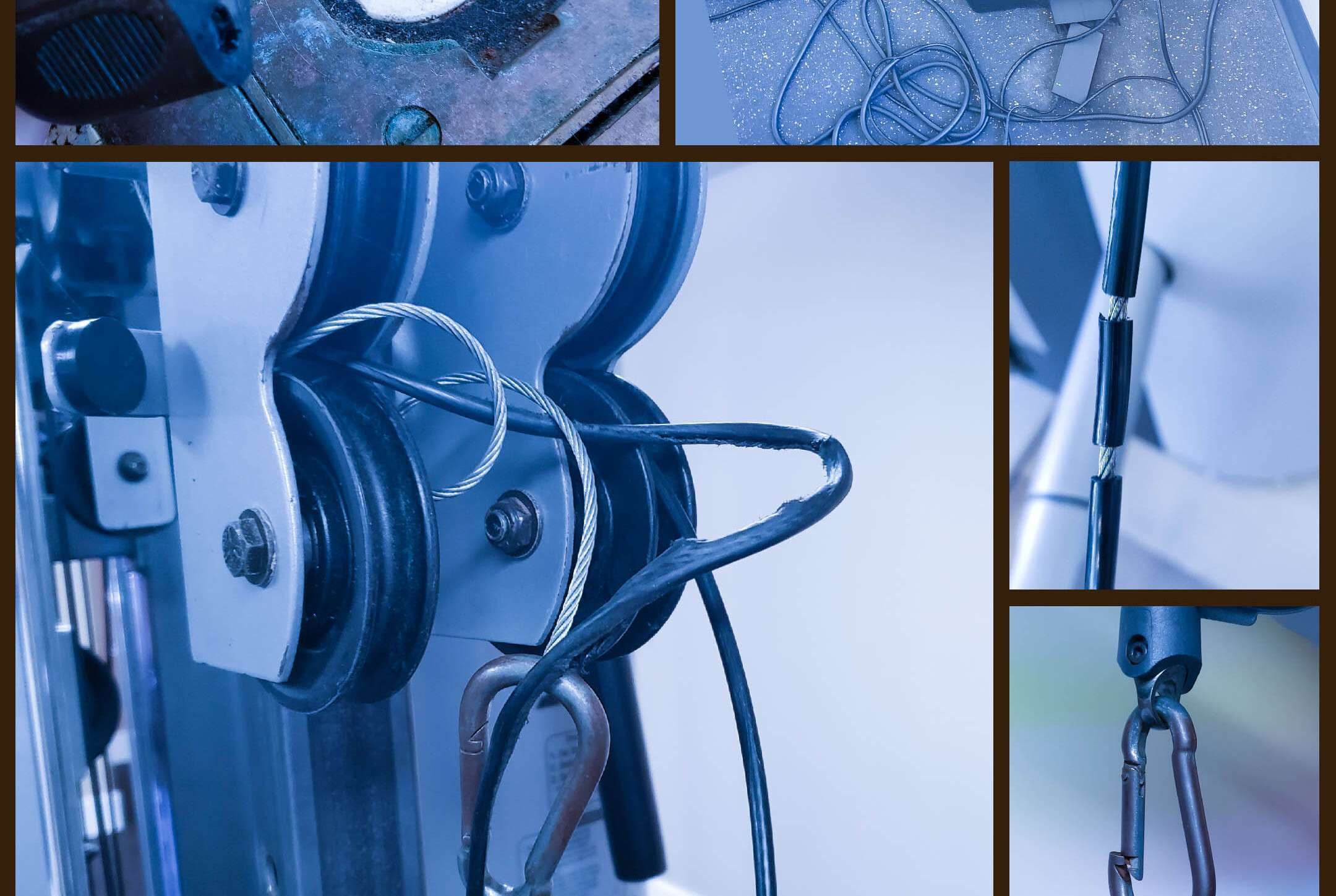 Close-up of a frayed cable on a commercial weight stack machine. Multiple strands are broken and splayed outward near the pulley connection, showing the bird-caging defect. The metal frame and pulley housing are visible in the background.