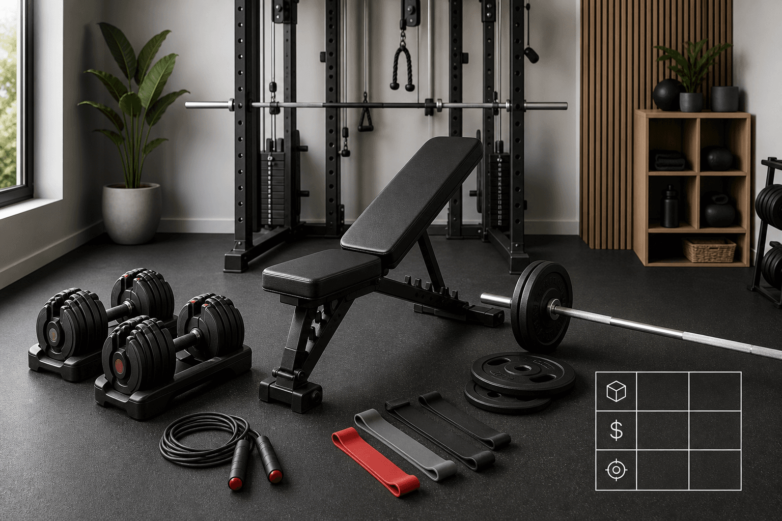 Flat-lay of home gym equipment on a neutral rubber floor: adjustable dumbbells, barbell with plates, weight bench, resistance bands, jump rope, and a power rack in the background. A subtle decision-matrix overlay in one corner.