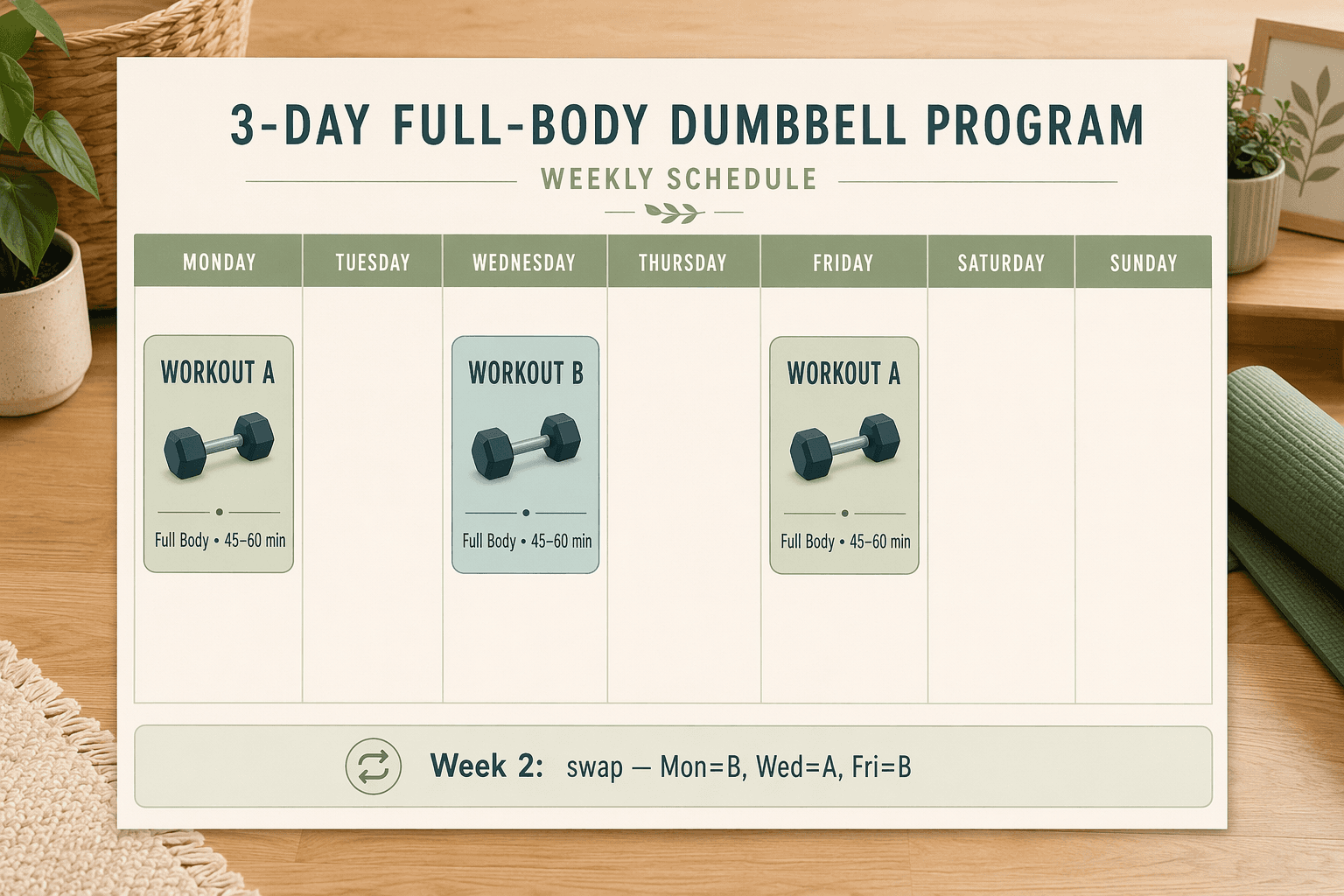 Weekly calendar showing Monday Workout A, Wednesday Workout B, Friday Workout A, with a note to swap the following week.