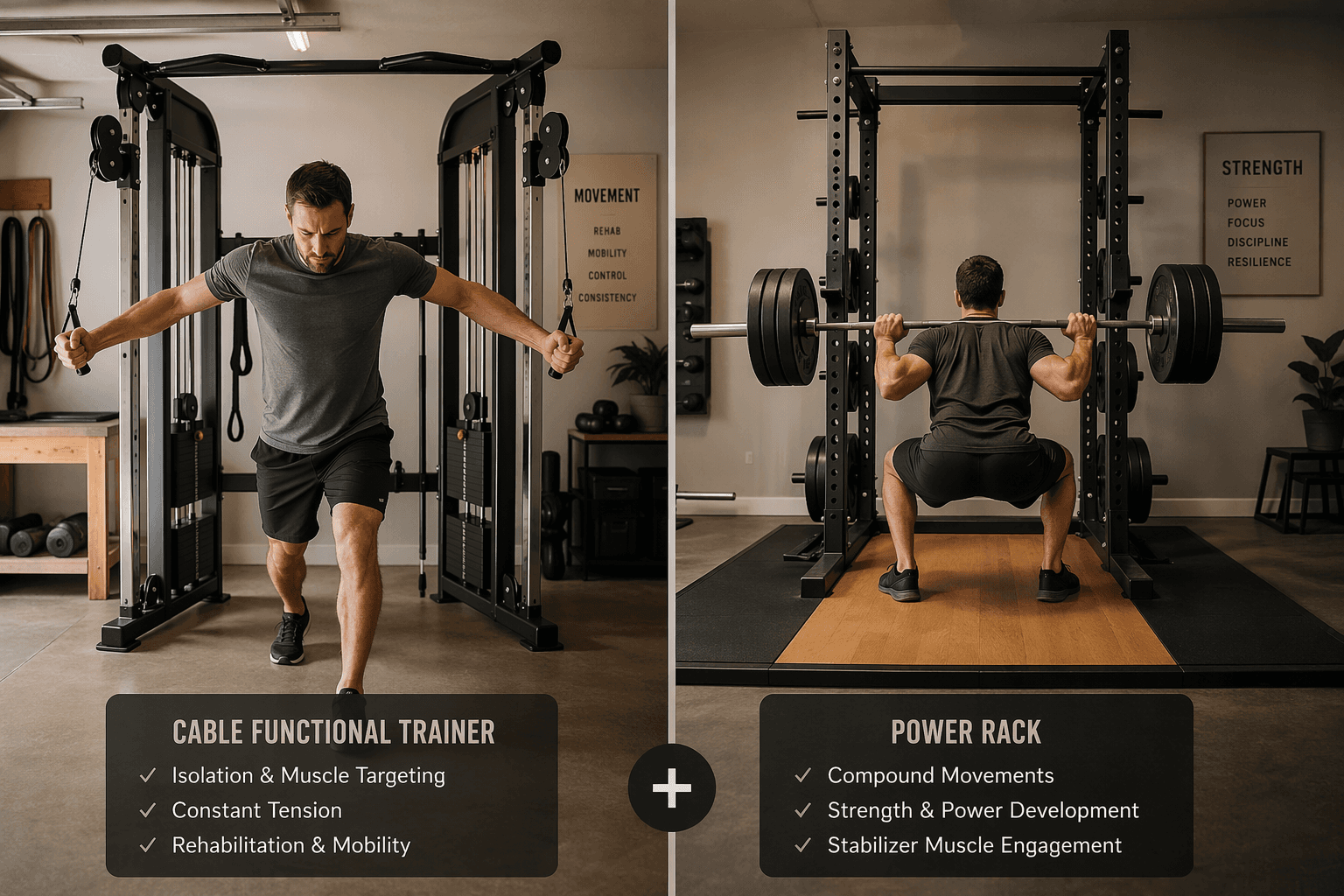 Side-by-side home gym scene showing a cable functional trainer on the left and a power rack with barbell on the right.