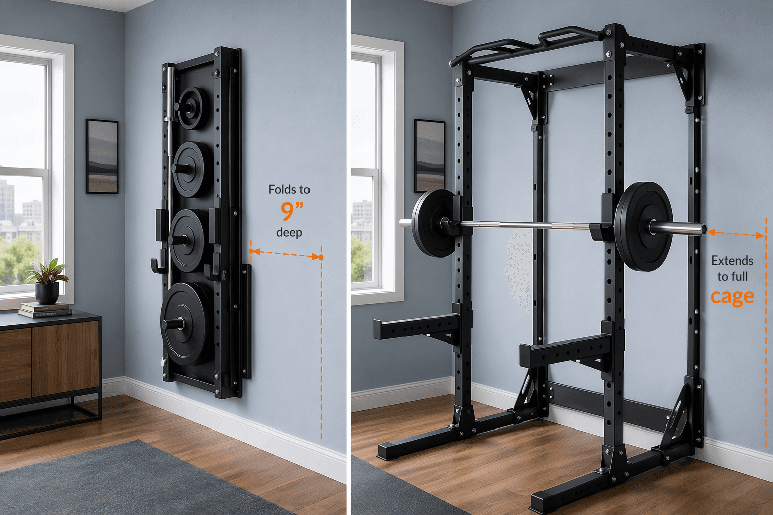 Side-by-side illustration of a PRx Profile PRO rack folded flat against a wall at 9 inches deep and extended into a full workout position with barbell and safety arms.