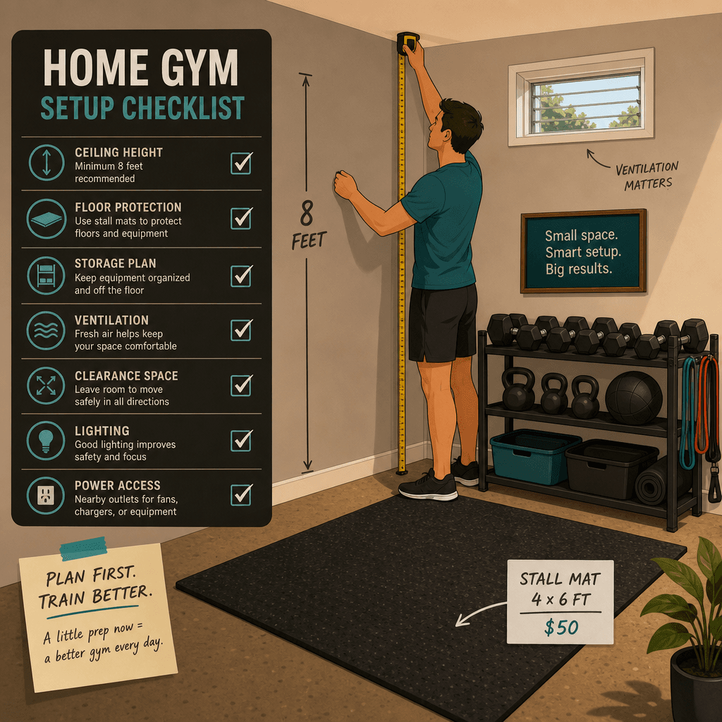Practical checklist illustration showing a person measuring ceiling height with a tape measure marked at 8 feet, a rubber stall mat labeled '$50' on the floor, compact storage for dumbbells and bands against a wall, and a small ventilation window.