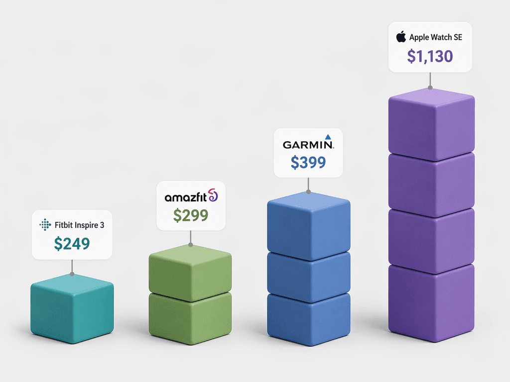 Four vertical stacks of blocks representing different fitness trackers' 3-year total costs, with the tallest stack on the right dramatically higher than the others.