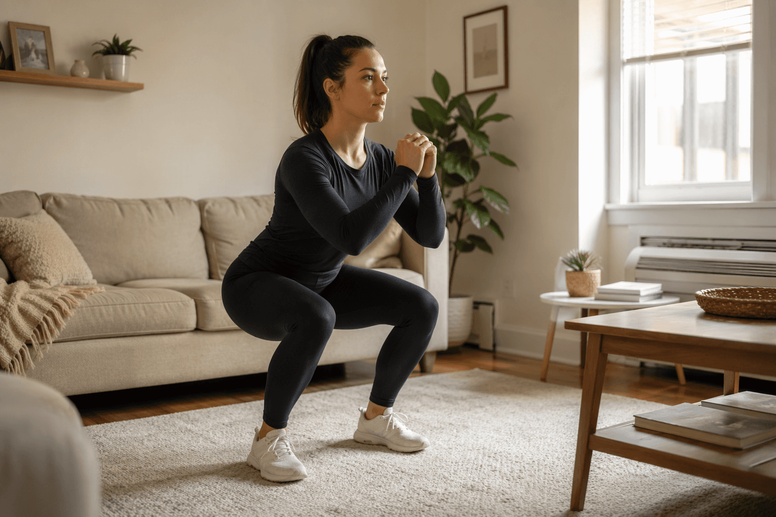 A person in athletic wear performing a controlled bodyweight squat in a tidy apartment living room. The person is mid-squat with proper form — chest up, hips back, knees tracking over toes. A couch and coffee table are visible in the background. Warm natural light fills the space, with neutral beige and wood tones. No gym equipment or weights are present.